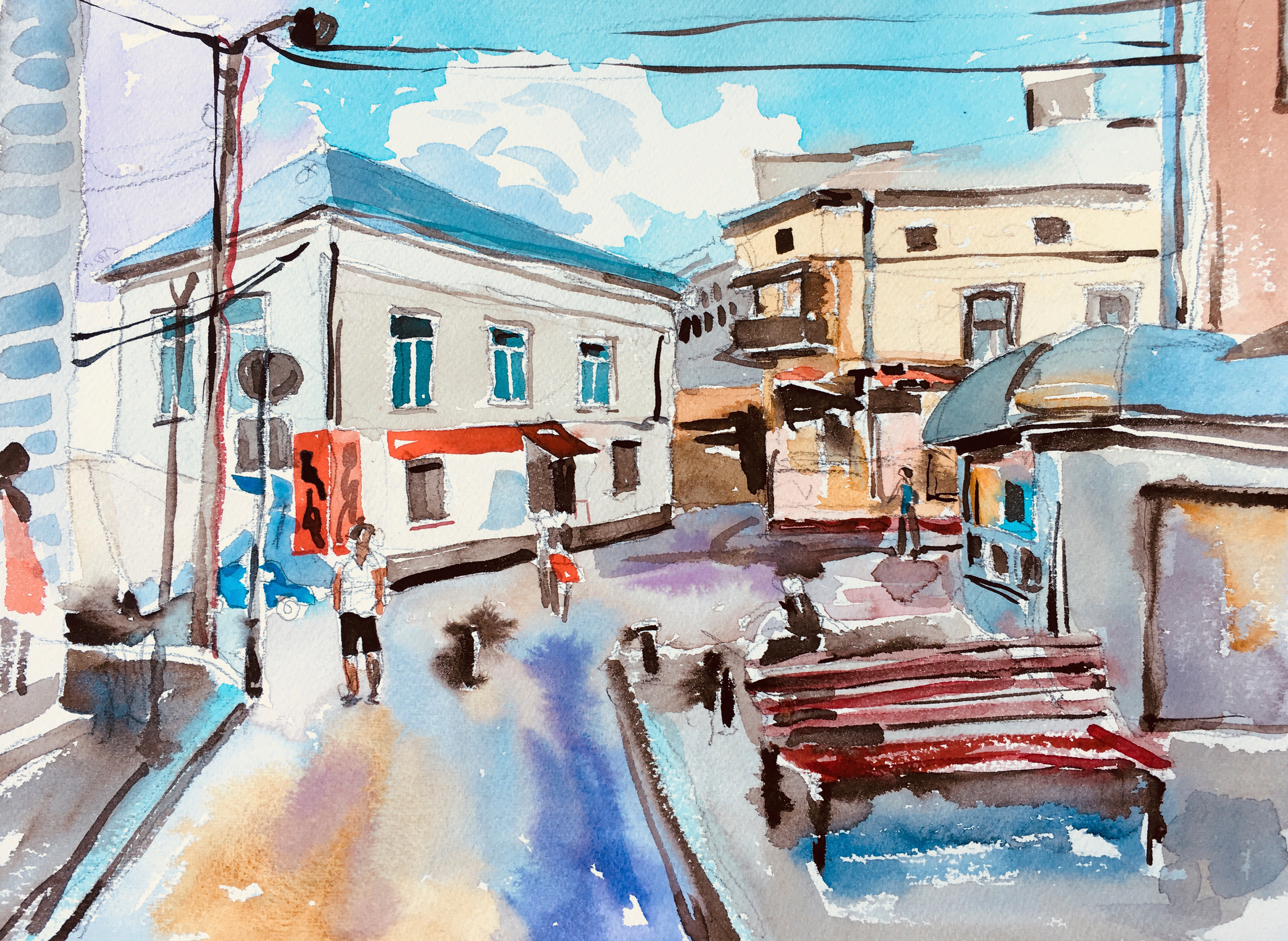 Original Handmade Watercolor Landscape of Old Town Street